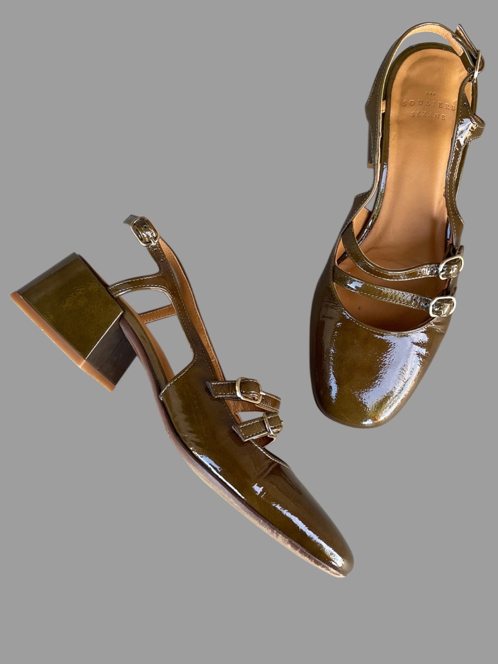 SEZANE Khaki Green Glossy Patent Leather Mary Jane Slingbacks Paula Babies Heels